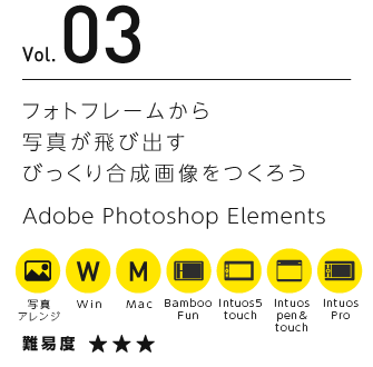 Vol.03 フォトフレームから写真が飛び出すびっくり合成画像をつくろう | Adobe Photoshop Elements