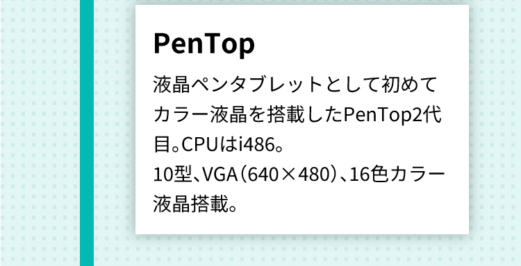 PenTop 液晶ペンタブレットとして初めてカラー液晶を搭載したPenTop2代目。CPUはi486。 10型、VGA（640×480）、16色カラー液晶搭載。
