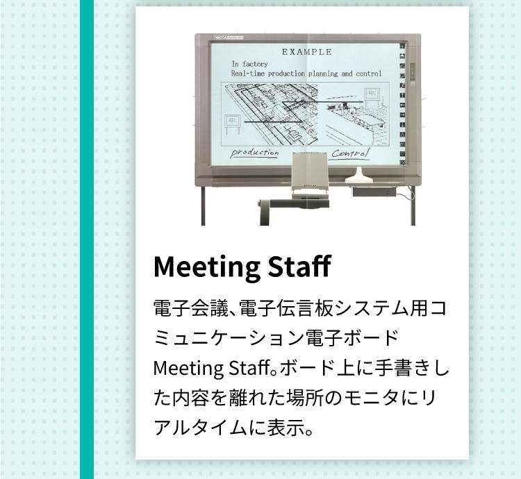 Meeting Staff 電子会議、電子伝言板システム用コミュニケーション電子ボードMeeting Staff。ボード上に手書きした内容を離れた場所のモニタにリアルタイムに表示。