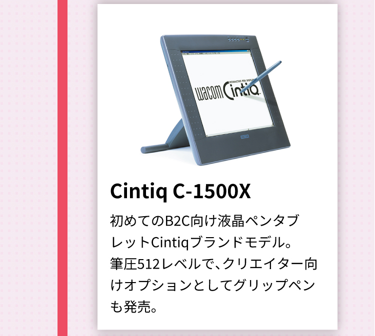 Cintiq C-1500X 初めてのB2C向け液晶ペンタブレットCintiqブランドモデル。 筆圧512レベルで、クリエイター向けオプションとしてグリップペンも発売。