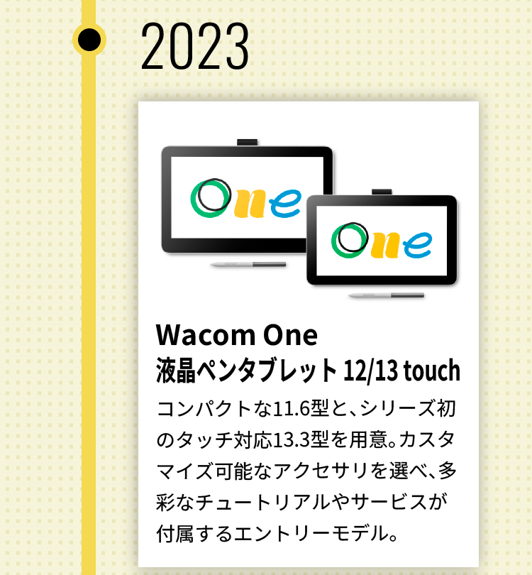 2023年 Wacom One液晶ペンタブレット 12/13 touch コンパクトな11.6型と、シリーズ初のタッチ対応13.3型を用意。カスタマイズ可能なアクセサリを選べ、多彩なチュートリアルやサービスが付属するエントリーモデル。